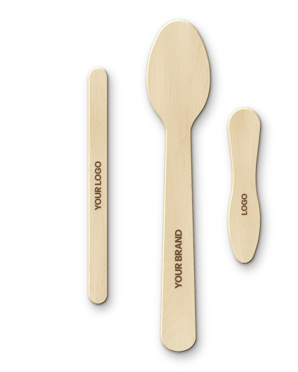 A wooden stick, a 160 mm spoon and a 75 mm spoon, each heat-stamped with a sample brand mark