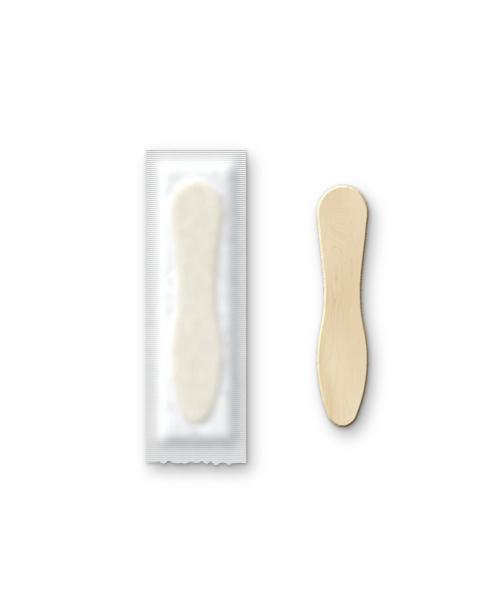 75 mm wooden spoon beside one in its sealed wrap